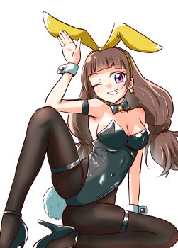 Rule 34 | 1girl, absurdres, amanogawa kirara, animal ear hairband, animal ears, arm strap, bare shoulders, black bow, black bowtie, black collar, black leotard, black pantyhose, black shoes, blunt bangs, blush, bow, bowtie, breasts, brooch, brown hair, buta obutu, cleavage, collar, commentary, covered navel, detached collar, earrings, fake animal ears, fake tail, go! princess precure, grin, hairband, high heels, highleg, highleg leotard, highres, jewelry, leotard, long hair, looking at viewer, low twintails, medium breasts, one eye closed, pantyhose, playboy bunny, precure, purple eyes, rabbit ear hairband, rabbit ears, rabbit tail, shoes, simple background, sitting, smile, solo, star (symbol), star brooch, star earrings, strapless, strapless leotard, tail, traditional bowtie, twintails, untranslatable commentary, waving, white background, white wrist cuffs, wrist cuffs
