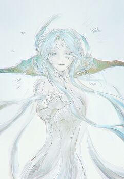 1girl bare_shoulders blue_background blue_dress blue_eyes blue_eyeshadow blue_gloves blue_hair blue_lips blue_theme born_flawless_(infinity_nikki) chinese_commentary choker circlet commentary_request cowboy_shot cracked_skin dress elbow_gloves expressionless eyeshadow feather-trimmed_dress feather_hair_ornament feathers floating_hair gloves hair_ornament highres ice infinity_nikki lipstick long_hair looking_at_viewer makeup nikki_(series) outline outstretched_hand simple_background solo strapless strapless_dress ther417 variant_set very_long_hair white_outline