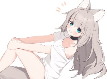 Rule 34 | 1girl, absurdres, animal ear fluff, animal ears, bare shoulders, black choker, blue eyes, blush, choker, collarbone, commentary request, grey hair, hair between eyes, highres, hugging own legs, knees up, long hair, looking at viewer, notice lines, off shoulder, original, riya (01214), shirt, short sleeves, simple background, sitting, smile, solo, tail, very long hair, white background, white shirt