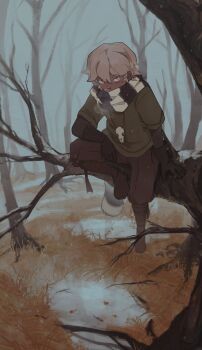 1girl absurdres baggy_pants bare_tree boots breath brown_gloves dark-skinned_female dark_skin fog full_body gender_request gift_art gloves highres knee_up looking_at_viewer orange_eyes original outdoors pants pink_hair puddle scarf short_hair sitting_on_branch skull_pendant snowing toebeez tree winter