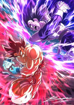 Rule 34 | 2boys, aura, black hair, blue bodysuit, bodysuit, boots, boyerjorys, clenched teeth, dragon ball, dragonball z, galick gun, gloves, highres, kamehameha (dragon ball), male focus, midair, monkey tail, multiple boys, muscular, muscular male, open mouth, powering up, saiyan armor, son goku, spiked hair, tail, teeth, topless male, vegeta, veins, white boots, white gloves