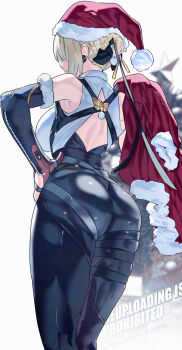 1girl ass ass_focus bare_shoulders blonde_hair breasts christmas evelyn_chevalier from_behind gloves hair_bun hair_over_one_eye hat jacket large_breasts pants santa_hat short_hair sideboob solo tight_clothes tight_pants uenoryoma unworn_jacket zenless_zone_zero