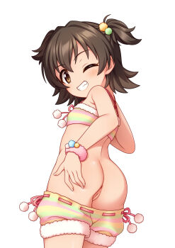 1girl absurdres akagi_miria anus ass bandeau black_hair blush brown_eyes clothes_pull fur-trimmed_bandeau fur_trim fuu_(koneko_no_yomeiri) grin hair_between_eyes hair_ornament highres idolmaster idolmaster_cinderella_girls loli looking_at_viewer one_eye_closed pom_pom_(clothes) pom_pom_hair_ornament pussy short_hair short_shorts shorts smile solo striped_clothes striped_shorts two_side_up