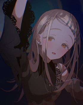 1girl arm_up blonde_hair blush contrast_(idolmaster) dress gakuen_idolmaster highres idolmaster long_hair looking_at_viewer nininiwa2 open_mouth orange_eyes shinosawa_hiro solo upper_body