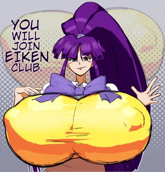 1girl 2025 2d_artwork bad_tag barely_contained big_breasts breast_focus breasts covered_erect_nipples doodlewill eiken female female_focus giant_breasts gigantic_breasts grin huge_breasts large_breasts long_hair looking_at_viewer misono_kirika ponytail purple_eyes purple_hair shiny_clothes shiny_skin smile solo solo_focus