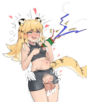 1boy 1girl animal_ears arrax_(wdah8558) black_shorts blonde_hair commentary disembodied_hand english_commentary green_eyes heart hetero highres ju_fufu long_hair navel nipples open_mouth pussy sex shorts simple_background smile solo_focus stomach_bulge tail testicles tiger_ears tiger_girl tiger_tail uncensored vaginal white_background zenless_zone_zero