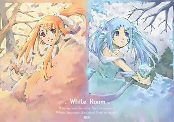 Rule 34 | 2girls, archived source, autumn leaves, bare tree, blue dress, blue eyes, blue hair, branch, closed mouth, color contrast, commentary request, curtained hair, dot nose, dress, elemental (creature), english text, expressionless, fairy, hair intakes, ice, ice elemental, jang sun-yeong, korean commentary, leaf, limited palette, long hair, long sidelocks, multiple girls, nature, off-shoulder dress, off shoulder, orange eyes, orange hair, orange leaf, original, parted lips, pine tree, ponytail, sidelocks, smile, snowing, teeth, tree, twintails
