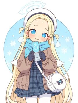 Rule 34 | 1girl, bag, blonde hair, blue archive, blue eyes, blue scarf, blush, commentary, dress, gloves, halo, hat, holding, long hair, onyhakase, pantyhose, scarf, smile, solo, sora (blue archive), white pantyhose, wings