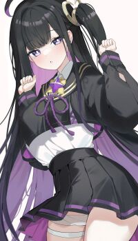 Rule 34 | 1girl, :o, absurdres, ahoge, bandaged leg, bandages, black hair, black sailor collar, black skirt, bright pupils, collared shirt, colored inner hair, cowboy shot, gurami (zangizarang), hands up, highres, long sleeves, looking at viewer, multicolored hair, multicolored skirt, open mouth, original, purple eyes, purple hair, purple skirt, sailor collar, shirt, side ponytail, skirt, solo, thighs, two-tone hair, two-tone skirt, white pupils, white shirt