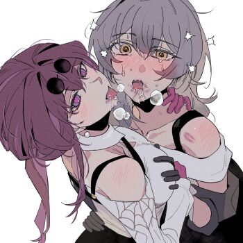2girls after_kiss blush breasts commentary_request d0600059994959 eyewear_on_head flustered gloves grey_hair groping highres honkai:_star_rail honkai_(series) kafka_(honkai:_star_rail) korean_commentary long_hair multiple_girls off_shoulder ponytail purple_eyes purple_hair saliva saliva_trail shirt stelle_(honkai:_star_rail) tearing_up tongue tongue_out trailblazer_(honkai:_star_rail) white_background yellow_eyes yuri