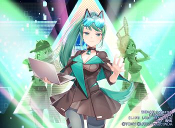 3girls animal_ear_headphones animal_ears animal_hat black_choker black_dress black_pantyhose cat_ears cat_hat choker closed_mouth computer copyright_notice dress fake_animal_ears fox_ears green_eyes green_hair hat headphones holding holding_laptop inumiya_rara laptop long_hair looking_at_viewer medium_hair multiple_girls nekozama_nana official_art ori_simo pantyhose ponytail rabbit_ear_headphones rabbit_ears skirt smile strapless tube_top usakawa_mimi wixoss