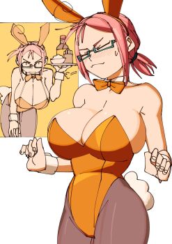 1girl 3amsoda ahoge animal_ear_hairband animal_ears aqua-framed_eyewear bare_arms bare_shoulders bottle bow bowl bowtie breasts brown_pantyhose cleavage closed_eyes closed_mouth commentary cowboy_shot detached_collar english_commentary fake_animal_ears fake_tail glasses hairband highres holding holding_tray large_breasts leaning_forward leotard multiple_views no_bra orange_bow orange_bowtie orange_hairband orange_leotard original pantyhose pink_hair playboy_bunny ponytail puff_of_air rabbit_ears rabbit_tail rice_bowl semi-rimless_eyewear short_hair short_ponytail shrimp_girl_(3amsoda) sidelocks standing strapless strapless_leotard tail tray under-rim_eyewear undersized_breast_cup v-shaped_eyebrows waitress white_wrist_cuffs wrist_cuffs