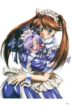 2girls apron aqua_eyes blue_dress blush bow brooch brown_hair dengeki_hime dress earrings elysion_~eien_no_sanctuary~ hair_bow hair_rings height_difference highres hug jewelry long_hair maid maid_apron maid_headdress multiple_girls non-web_source official_art oohara_mirei open_mouth photoshop_(medium) purple_eyes purple_hair short_sleeves simple_background teeth twintails upper_teeth_only white_apron white_background wrist_cuffs yokota_mamoru