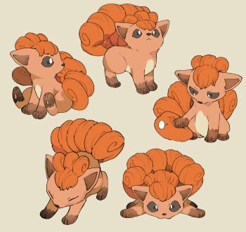 :< absurdres animal_focus black_sclera closed_eyes closed_mouth colored_sclera full_body gen_1_pokemon grey_background highres looking_at_viewer looking_down looking_to_the_side multiple_tails multiple_views newo_(shinra-p) nintendo no_humans pokemon pokemon_(creature) pokemon_focus simple_background sitting tail vulpix