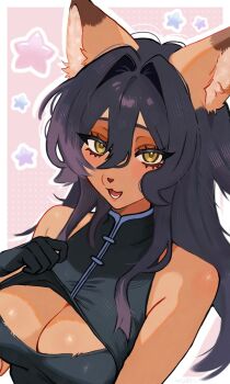 1girl animal_ear_fluff animal_ears animal_nose artist_name bare_shoulders black_gloves black_hair breasts brown_fur cleavage cleavage_cutout clothing_cutout commentary furry furry_female gloves hair_between_eyes hair_intakes highres large_breasts long_hair looking_at_viewer open_mouth original simple_background smile solo untranslatable_commentary valleedolla yellow_eyes