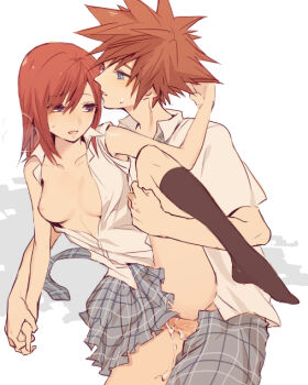 1boy 1girl aftersex black_legwear blue_eyes blue_pants blue_skirt breasts breasts_out brown_hair clothed_sex collarbone collared_shirt cum cum_on_body cum_on_lower_body cum_on_penis cum_overflow eye_contact feet hand_in_another&#039;s_hair hand_on_another&#039;s_head hand_on_another&#039;s_thigh heavy_breathing hetero holding_hands kairi_(kingdom_hearts) kingdom_hearts kingdom_hearts_ii leg_hold leg_lift looking_at_another lying medium_breasts medium_hair necktie nipples no_shoes on_side one_breast_out open_clothes open_mouth open_shirt pants penis plaid_clothes plaid_pants plaid_skirt pleated_skirt purple_eyes pussy ramochi_(auti) red_hair school_uniform sex shirt short_hair simple_background skirt small_areolae small_nipples socks sora_(kingdom_hearts) spiked_hair spooning sweat sweatdrop unbuttoned unbuttoned_pants unbuttoned_shirt untied vaginal white_shirt