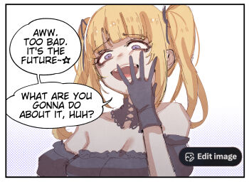 1girl ani_(xai) at2. black_dress black_gloves black_ribbon blonde_hair breasts cleavage commentary dress english_commentary english_text gloves hair_ribbon highres large_breasts laughing long_hair merryweather open_mouth purple_eyes ribbon simple_background solo speech_bubble teeth twintails twitter twitter's_edit_image_button