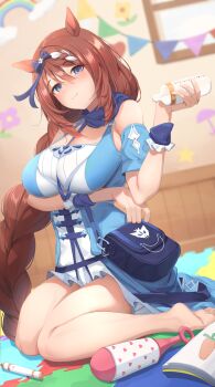 1girl absurdres animal_ears arm_under_breasts baby_bottle bag between_breasts blue_bag blue_dress blue_scarf blush bottle bow braid braided_ponytail breasts cleavage closed_mouth commentary_request dress ear_bow highres holding holding_bottle horse_ears horse_girl horse_tail indoors kidovie large_breasts long_hair looking_at_viewer milk multicolored_hair rattle scarf shoulder_bag simple_background sitting smile solo strap_between_breasts streaked_hair super_creek_(murmuring_stream)_(umamusume) super_creek_(umamusume) tail thighs umamusume wariza white_background