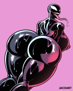 1girl artist_name ass commentary english_commentary highres huge_ass jacogramc long_tongue looking_at_viewer looking_back marvel pink_background sharp_teeth she-venom sitting solo spider-man_(series) symbiote teeth tongue tongue_out