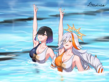 2girls alternate_costume armpits baldr_(fire_emblem_heroes) black_hair black_one-piece_swimsuit bob_cut breasts cleavage dancing drill_hair fire_emblem fire_emblem_heroes grimaisbestwaifu hair_over_one_eye halo heterochromia highres hodr_(fire_emblem) large_breasts long_hair multiple_girls nintendo one-piece_swimsuit orange_halo orange_one-piece_swimsuit orange_streaks pool red_eyes short_hair siblings signature single_hair_streak sisters smile swimsuit synchronized_swimming two-tone_swimsuit white_hair white_one-piece_swimsuit yellow_eyes