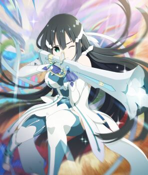 1girl aiming bare_shoulders black_hair blue_bodysuit blue_gloves blue_thighhighs blunt_ends bodysuit breasts detached_sleeves double-parted_bangs game_cg gloves green_eyes gun holding holding_gun holding_weapon large_breasts long_hair magical_girl official_art one_eye_closed optical_sight ribbon rifle solo sparkle squatting thighhighs third-party_source toeless_legwear toji_no_miko toji_no_miko:_kizamishi_issen_no_tomoshibi tougou_mimori very_long_hair weapon white_ribbon white_sleeves yuuki_yuuna_wa_yuusha_de_aru yuusha_de_aru
