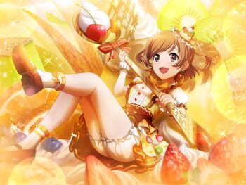 Rule 34 | 1girl, aijou karen, blueberry, brown dress, brown eyes, brown hair, brown shoes, cherry earrings, dessert, dress, earrings, food, food-themed earrings, food-themed hat, food themed earrings, fruit, game cg, holding, holding spoon, jewelry, kiwi (fruit), kiwi slice, looking at viewer, official art, on food, open mouth, oversized food, oversized object, puffy short sleeves, puffy sleeves, shoes, short hair, short sleeves, shorts, shoujo kageki revue starlight, shoujo kageki revue starlight -re live-, sitting, sitting on food, socks, solo, spoon, strawberry, two-handed, two side up, white shorts, white socks, wrist cuffs