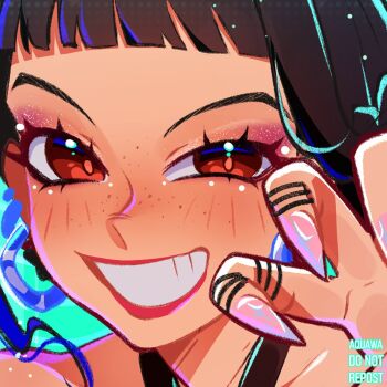 1girl aqua_background aquawa artist_name black_hair brown_eyes close-up commentary_request earrings eyeshadow fingernails freckles hoop_earrings jewelry kpop_demon_hunters looking_at_viewer makeup mascara pink_lips short_bangs solo spanish_commentary zoey_(kpop_demon_hunters)