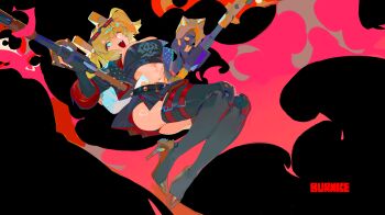 Rule 34 | 1girl, absurdres, black jacket, black skirt, black thighhighs, black tube top, blonde hair, breasts, burnice white, chinese commentary, cleavage, commentary request, eyewear on head, flamethrower, high heels, highres, holding, holding flamethrower, holding weapon, jacket, large breasts, one eye closed, open mouth, red-tinted eyewear, red eyes, skirt, solo, spiked belt, strapless, thighhighs, tinted eyewear, tube top, twintails, weapon, xu sanchuan, zenless zone zero