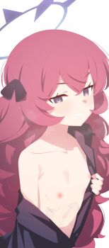 1girl black_shirt blue_archive blue_halo blush breasts collarbone grey_eyes grin hair_between_eyes hair_ribbon halo iroha_(blue_archive) kukuzero_neko loli long_hair looking_at_viewer nipples off_shoulder open_clothes red_hair ribbon shirt simple_background small_breasts smile solo sweat upper_body wavy_hair white_background