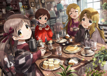 6+girls ^_^ ^o^ ahoge blurry bokeh cafe chair clock closed_eyes coffee coffee_pot cup depth_of_field drawing_(object) fleuranges_(idolmaster_million_live) food glint hakozaki_serika hand_on_own_cheek hand_on_own_face highres holding holding_cup idolmaster idolmaster_million_live! kinoshita_hinata kitazawa_shiho looking_at_another looking_at_viewer miyao_miya multiple_girls on_chair opera_seria_kiramekiza pancake picture_frame plant plate sakuramori_kaori sandwich shawl shinomiya_karen sideways_glance sitting sonsoso steam sunlight table tanaka_kotoha tokugawa_matsuri water window wooden_table