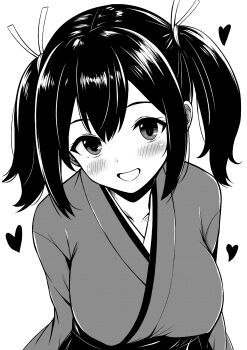 Rule 34 | 1girl, blush, breasts, gloves, hair ribbon, hakama, heart, highres, japanese clothes, kamiya tadato, kantai collection, kimono, large breasts, long hair, looking at viewer, monochrome, open mouth, partially fingerless gloves, partly fingerless gloves, ribbon, short hair, smile, solo, souryuu (kancolle), twintails, white background, yugake