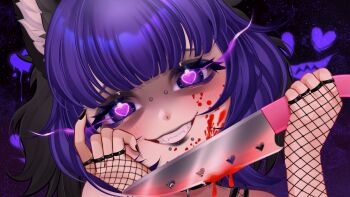1girl animal_ear_fluff animal_ears black_background black_hair black_lips blood bridge_piercing cat_ears creepy face_piercing fishnets gloves knife looking_at_viewer mouth_piercing nicoenvt nynbug piercing purple_eyes purple_hair short_hair smile solo solo_focus wavy_hair yandere