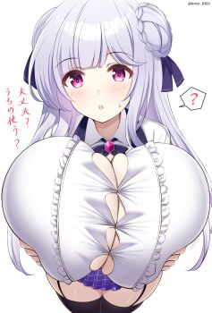 1girl azur_lane breasts cleavage commentary_request cygnet_(azur_lane) garter_belt highres huge_breasts kamishiro_(kmsr0302) large_breasts long_hair oppai_loli ribbon skirt sweatdrop