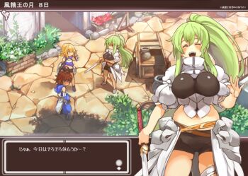 Rule 34 | 1boy, 2girls, ahoge, blonde hair, breasts, brown hair, closed eyes, commentary request, curvy, green hair, holding, holding sword, holding weapon, large breasts, long hair, multiple girls, open mouth, original, outdoors, ponytail, sachito, sumi-chan (sachito), sword, user interface, weapon, yellow eyes