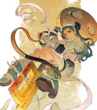 1girl a.b.a absurdres bags_under_eyes bandages blood blood_on_clothes bloody_weapon commentary green_eyes green_nails grey_hair guilty_gear guilty_gear_strive hairband highres holding holding_key key key_in_head long_hair looking_at_viewer nail_polish object_through_head oversized_object paracelsus_(guilty_gear) side_slit solo_focus stitched_mouth stitches suribbon weapon