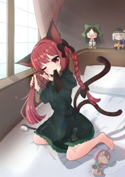 1girl :3 ;3 absurdres barefoot bedroom braid cat_girl cat_tail curtains doll dress full_body green_dress gure_piyo highres indoors kaenbyou_rin komeiji_koishi komeiji_satori long_hair long_sleeves on_bed one_eye_closed patterned_clothing red_eyes red_hair reiuji_utsuho side_braids solo squatting tail touhou twin_braids tying_hair window