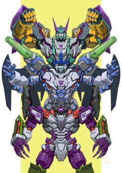 arms_up cannon claws ct990413 decepticon galvatron green_eyes highres horns machinery mecha megatron red_eyes robot scowl transformer transformers transformers_armada transformers_cybertron transformers_energon transformers_unicron_trilogy white_background wings yellow_background