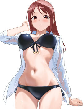 1girl bikini bikini_under_clothes black_bikini breasts brown_eyes brown_hair commentary_request cowboy_shot day fascinate_kyrie front-tie_bikini_top front-tie_top highres idolmaster idolmaster_cinderella_girls long_hair looking_at_viewer mifune_miyu navel open_clothes open_shirt parted_lips shirt side-tie_bikini_bottom simple_background solo stomach swimsuit white_background white_shirt