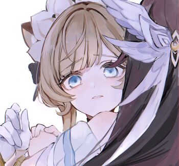 2girls black_hair blue_eyes brown_hair columbina_(genshin_impact) detached_sleeves dress genshin_impact gloves head_wings headdress highres hug long_hair looking_at_viewer multicolored_hair multiple_girls parted_lips pink_hair purple_hair sad sandrone_(genshin_impact) shinoo0915 simple_background streaked_hair white_background white_gloves wings yuri