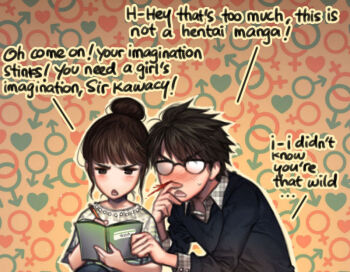 1boy 1girl artist_self-insert black_hair blood blush book commentary english_text frown glasses hair_bun holding holding_book kawacy mars_symbol mechanical_pencil nosebleed original pencil real_life_insert sweatdrop sweater venus_symbol