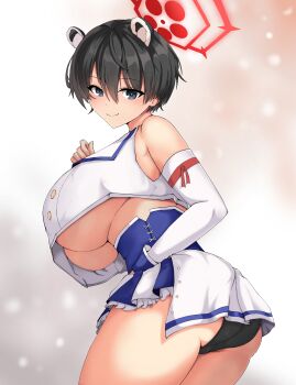 1girl absurdres alternate_costume animal_ears ass bare_shoulders beetleasd black_eyes black_hair black_panties blue_archive blue_corset breasts corset cropped_shirt detached_sleeves extra_ears frilled_skirt frills from_side hair_between_eyes halo highres huge_breasts idol idol_clothes looking_at_viewer miniskirt mischievous_straight_uniform_(blue_archive) panties raccoon_ears raccoon_girl red_halo short_hair skirt sleeveless smile solo thick_thighs thighs tsubaki_(blue_archive) underboob underwear