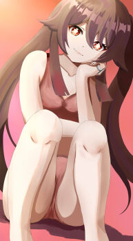 1girl absurdres alternate_costume bare_shoulders barefoot black_nails bra bright_pupils brown_hair clenched_hand closed_mouth collarbone commentary_request feet_out_of_frame fingernails flower-shaped_pupils genshin_impact gradient_hair hair_between_eyes hand_on_own_face hand_up highres hu_tao_(genshin_impact) jewelry lips long_hair looking_at_viewer mishirosora multicolored_hair nail_polish panties pink_background pink_panties red_bra red_eyes red_hair ring shadow sidelocks simple_background sitting smile solo symbol-shaped_pupils twintails underwear white_pupils