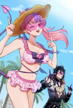 1boy 1girl bikini black_hair blue_sky breasts bubi_(ironmouse) coela_canth demon_girl demon_horns demon_tail flower frilled_bikini frills hair_between_eyes hat heart heart_print highres horns ironmouse large_breasts multicolored_hair one_eye_closed open_mouth outdoors palm_tree pink_bikini pink_eyes pink_flower pink_hair ponytail purple_eyes purple_hair purple_nails red_flower sky smile streaked_hair sun_hat sunglasses swimsuit tail tree virtual_youtuber vshojo white_flower