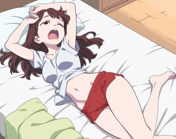 1girl armpits arms_up barefoot breasts brown_eyes brown_hair collarbone dot_nose groin highres hip_bones infd_d kagari_atsuko lap_pillow little_witch_academia long_hair lying midriff_peek navel on_back on_bed one_eye_closed red_shorts shirt short_shorts short_sleeves shorts small_breasts solo teeth thighs upper_teeth_only waking_up white_shirt yawning