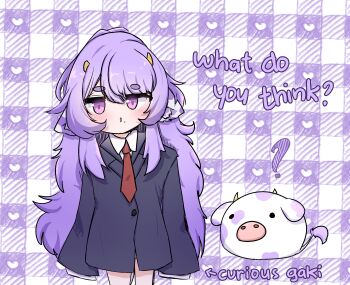 1girl animal_ears blush cow_ears cow_tail english_text highres horns loli long_hair looking_at_viewer mini_moo mole muu_muyu muu_muyu_(artist) necktie oversized_clothes phase_connect pink_eyes purple_hair tail virtual_youtuber