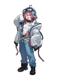 1girl absurdres ahoge arm_at_side aviator_cap aviator_goggles belt black_boots black_panties blue_jumpsuit boots braid camisole coat commentary_request crop_top full_body goggles goggles_on_head grey_eyes hair_between_eyes highres jumpsuit long_bangs long_hair long_sleeves looking_at_viewer navel off_shoulder one_eye_closed open_clothes open_coat open_jumpsuit open_mouth original panties red_hair side_ponytail simple_background sleeves_past_fingers sleeves_past_wrists solo standing stomach tay_(cdjk7758) underwear white_background white_coat yawning yellow_belt