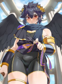 1boy angel angel_wings armlet black_hair black_shirt black_shorts black_wings blue_sky blush bulge cloud commentary dark_pit feathered_wings g1_(jjw00123) gold_armlet gold_thighlet gold_trim highres holding holding_weapon jewelry kid_icarus kid_icarus_uprising laurel_crown looking_at_viewer male_focus nintendo nose_blush outdoors paid_reward_available parted_lips pillar red_eyes shirt shorts skindentation sky sleeveless sleeveless_shirt solo standing thighlet thighs vambraces weapon wings