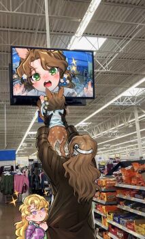 3girls :o aged_down animal_ears arms_up baby black_gloves blonde_hair blonney brown_coat brown_hair carrying carrying_baby carrying_person centauroid coat coat_tug curious deer_ears deer_girl deer_tail ear_tag earrings flower gloves green_eyes hair_flower hair_ornament hands_up headgear highres jacket jessica_(reverse:1999) jewelry lifting_person long_hair long_sleeves looking_at_another meme monitor multiple_girls mummeemeemama open_mouth photo_background purple_eyes purple_jacket reverse:1999 screen security_camera shirt showing_baby_to_a_supermarket_camera_(meme) supermarket tail taur teeth television tooth_fairy_(reverse:1999) upper_body upper_teeth_only wavy_hair white_shirt