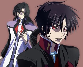 2boys black_hair clamp_(circle)_(style) code_geass gilbert_durandal gundam gundam_seed gundam_seed_destiny gundam_seed_freedom highres long_hair male_focus military military_uniform multiple_boys parody red_eyes shinn_asuka short_hair simple_background yamabuki_tt zaft_uniform