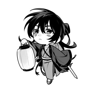 1boy :&lt; absurdres bags_under_eyes bandaged_chest bandaged_neck bandages chibi chibi_only chinese_clothes chinese_commentary closed_mouth dao_gui_yi_xian full_body greyscale hair_between_eyes hair_bun half_updo hand_up hanfu highres holding holding_lantern holding_sword holding_weapon jian_(weapon) lantern li_huowang long_hair long_sleeves looking_up male_focus monochrome open_clothes open_robe outstretched_arm paper_lantern robe sash shoes shoulder_belt sidelocks simple_background single_hair_bun solo standing sword torn_clothes weapon white_background wide_sleeves zhongerjiaweixian